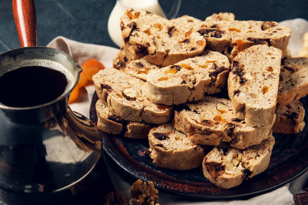 Plate with biscotti cookies and coffee in cezve on black backgroundの写真素材