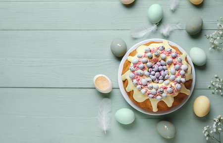 Composition with tasty Easter cake, eggs and feathers on color wooden background
