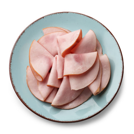 Plate with delicious ham slices isolated on white backgroundの写真素材