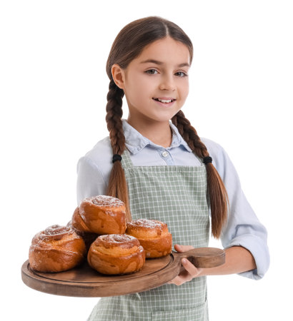 Little baker with board of tasty buns on white backgroundの写真素材