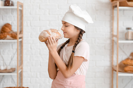 Little baker with fresh bread in the kitchenの写真素材
