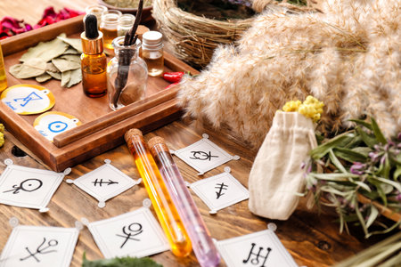Alchemical symbols and ingredients for preparing potions on wooden backgroundの写真素材