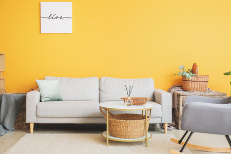 Interior of modern room with wicker basketの写真素材