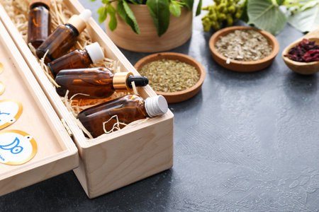 Bottles with potions on alchemist's tableの写真素材