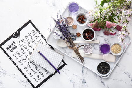 Alchemical symbols and ingredients for preparing potions on white backgroundの写真素材