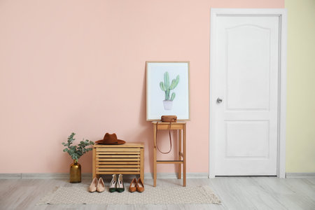 Stylish interior of modern hall with wooden furnitureの写真素材