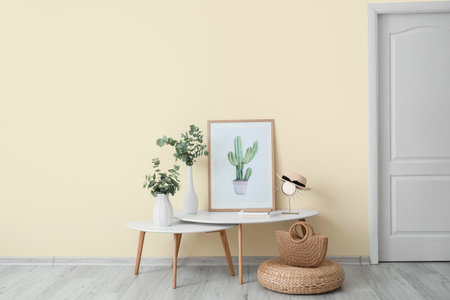 Stylish interior of modern hall with tablesの写真素材