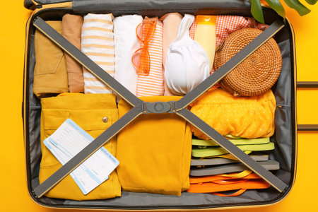 Packed luggage on color background. travel concept
