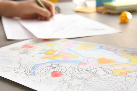 Coloring picture on table, closeupの写真素材