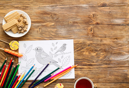 Composition with coloring picture on tableの写真素材