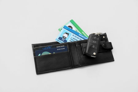 Wallet with driving licenses and car key on white background