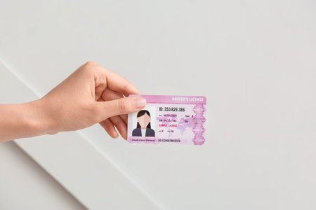 Female hand with driving license on light backgroundの写真素材