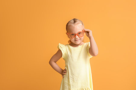Cute little girl on color backgroundの写真素材