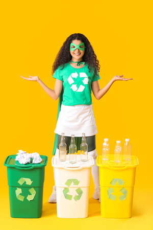 Woman dressed as eco superhero with trash bins on color backgroundの写真素材