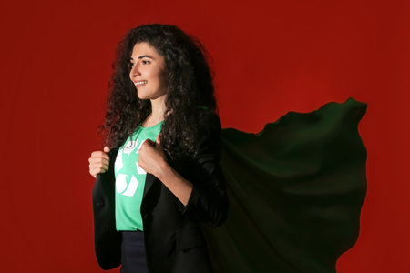 Woman dressed as eco superhero on color backgroundの写真素材
