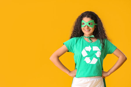 Woman dressed as eco superhero on color backgroundの写真素材