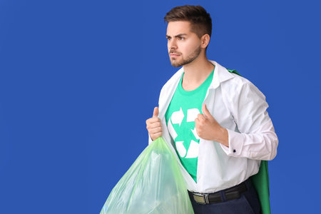 Man dressed as eco superhero with garbage bag on color backgroundの写真素材