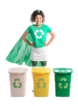Woman dressed as eco superhero with garbage bins on white backgroundの写真素材