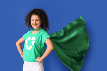 Woman dressed as eco superhero on color backgroundの写真素材