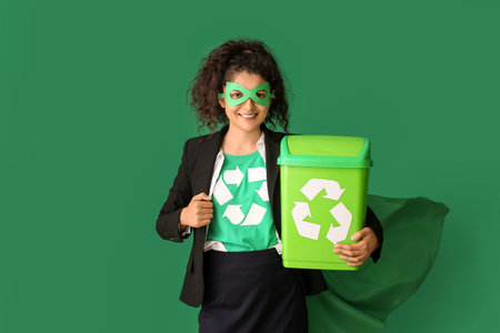 Woman dressed as eco superhero with trash bin on color backgroundの写真素材