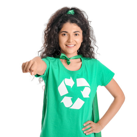 Woman dressed as eco superhero on white backgroundの写真素材