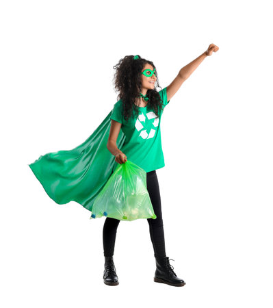 Woman dressed as eco superhero with garbage bag on white backgroundの写真素材