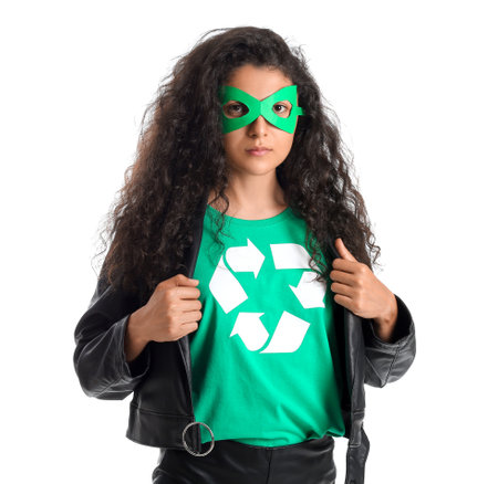 Woman dressed as eco superhero on white backgroundの写真素材