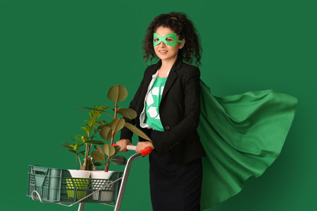 Woman dressed as eco superhero with plants on color backgroundの写真素材