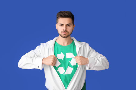 Man wearing t-shirt with recycling sign on color background. Ecology conceptの写真素材