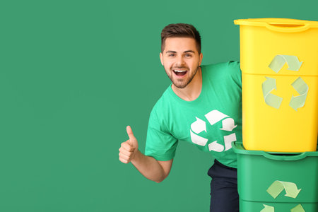 Man in t-shirt with recycling sign and trash bins showing thumb-up gesture on color background. Ecology conceptの写真素材