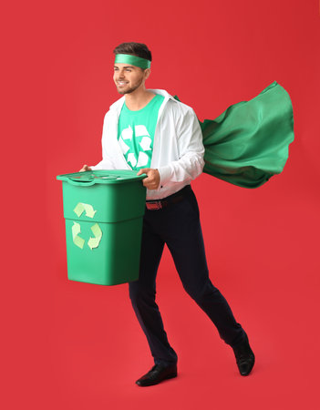 Man dressed as eco superhero with trash bin on color backgroundの写真素材
