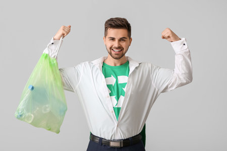 Man in t-shirt with recycling sign and garbage bag on gray background. Ecology conceptの写真素材