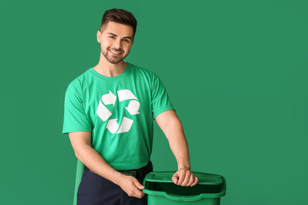 Man dressed as eco superhero with trash bin on color backgroundの写真素材