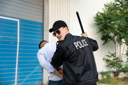 Aggressive police officer mistreating man outdoorsの写真素材