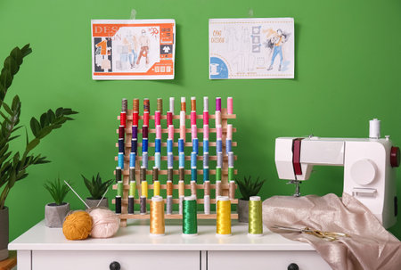 Tailor's workplace with sewing machine and thread spools in atelier