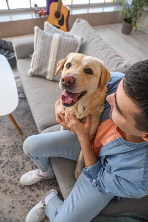 Young man with cute Labrador dog sitting on sofa at homeの写真素材
