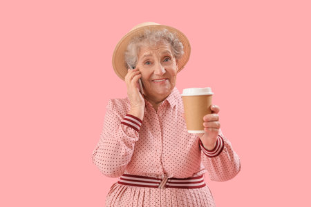 Senior woman with cup of coffee talking by mobile phone on pink backgroundの写真素材
