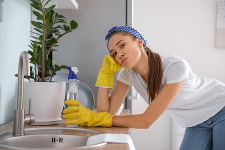 Sad young woman cleaning kitchenの写真素材