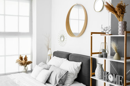 Interior of modern stylish bedroom with mirrorsの写真素材