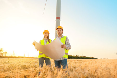 Engineers on windmill farm for electric power productionの写真素材