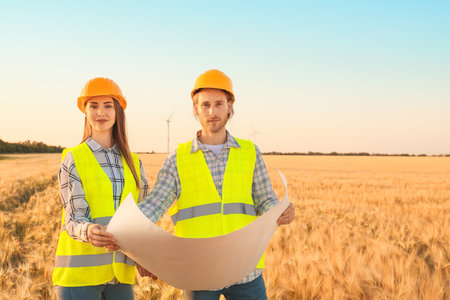 Engineers on windmill farm for electric power productionの写真素材