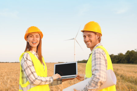 Engineers on windmill farm for electric power production