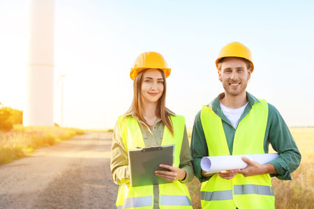 Engineers on windmill farm for electric power production