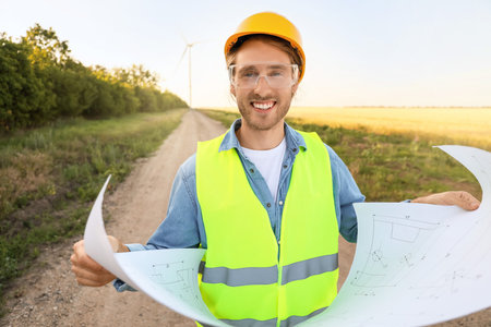 Male engineer on windmill farm for electric power productionの写真素材