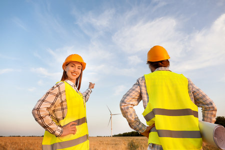 Engineers on windmill farm for electric power productionの写真素材
