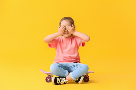 Cute little girl with skateboard on color backgroundの写真素材