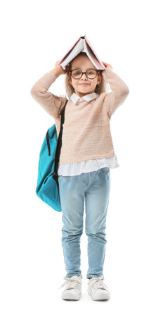 Cute little school girl on white backgroundの写真素材