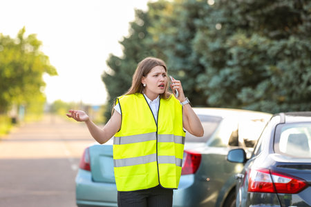 Woman calling her insurance agent after car accidentの写真素材
