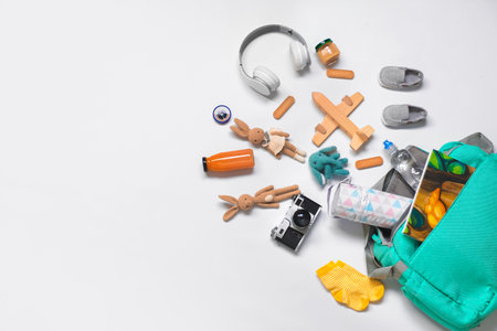 Travel accessories for children on white backgroundの写真素材