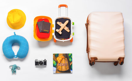 Travel accessories for children on white background